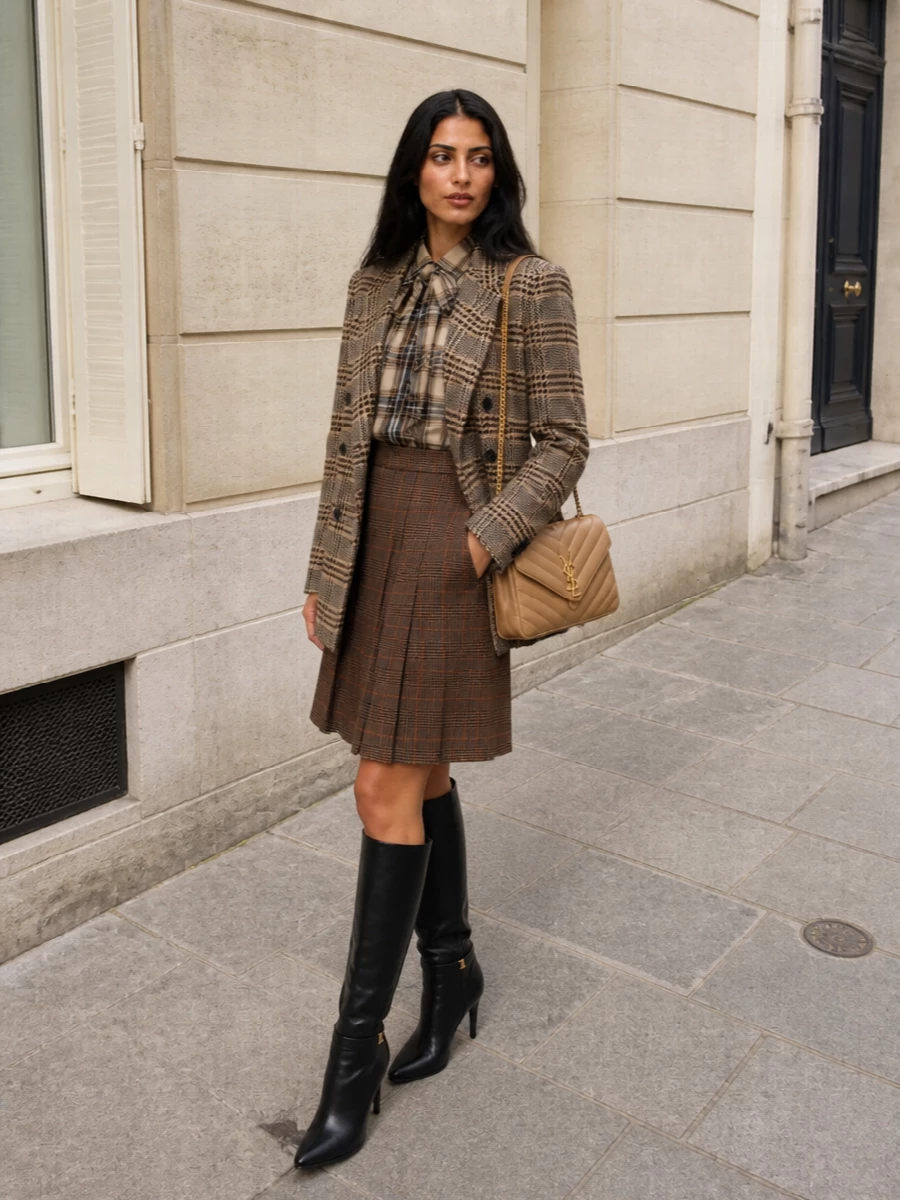 Saint laurent plaid blazer pleated skirt outfit