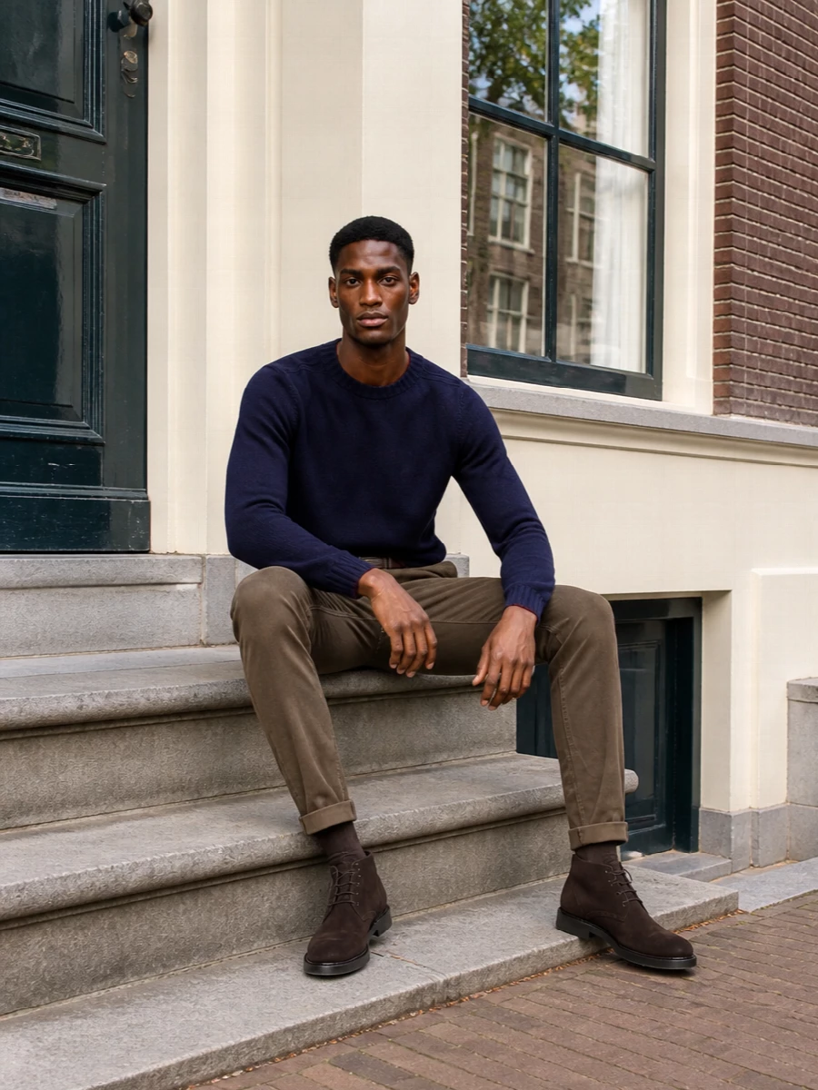Dondup chinos navy sweater suede chukka boots
