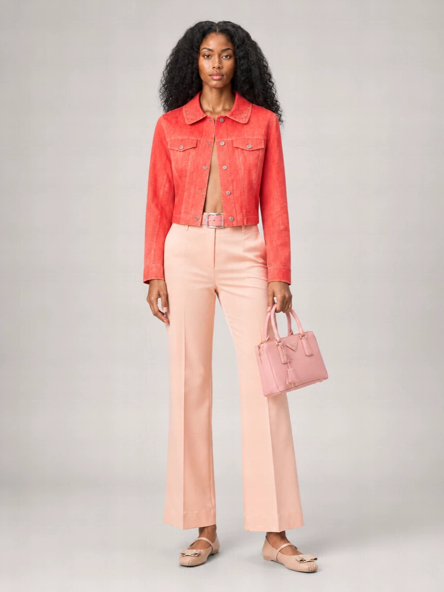 A vivid coral jacket sits against fluid blush trousers for a romantic take on tailored color blocking that still feels soft and wearable. Nude-blush mary janes and a powder pink mini bag keep the mood polished and feminine, while the coral belt quietly echoes the jacket to pull the whole palette into one considered line. The result is a spring city ensemble that balances structure at the waist with long, graceful proportions through the leg.