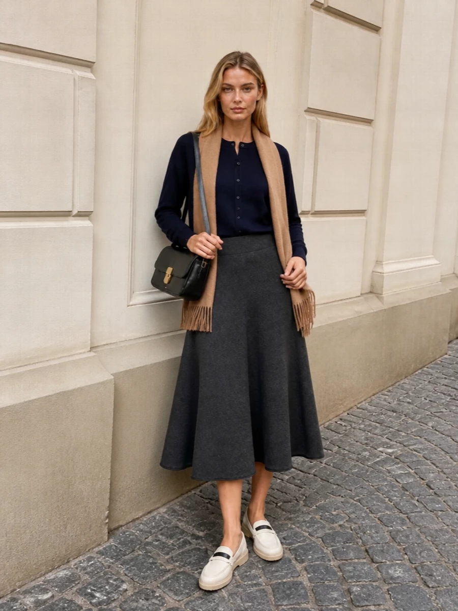 Extreme cashmere navy cardigan knit midi skirt