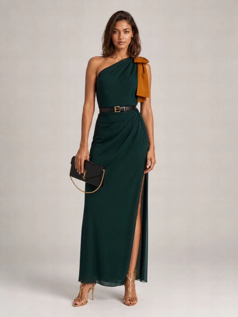Saint Laurent Silk One-Shoulder Draped Maxi Dress