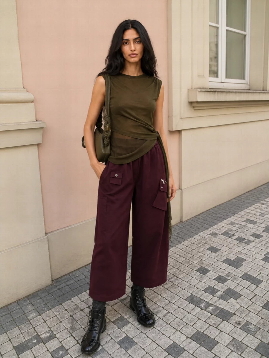 Ganni olive draped top burgundy cargo pants