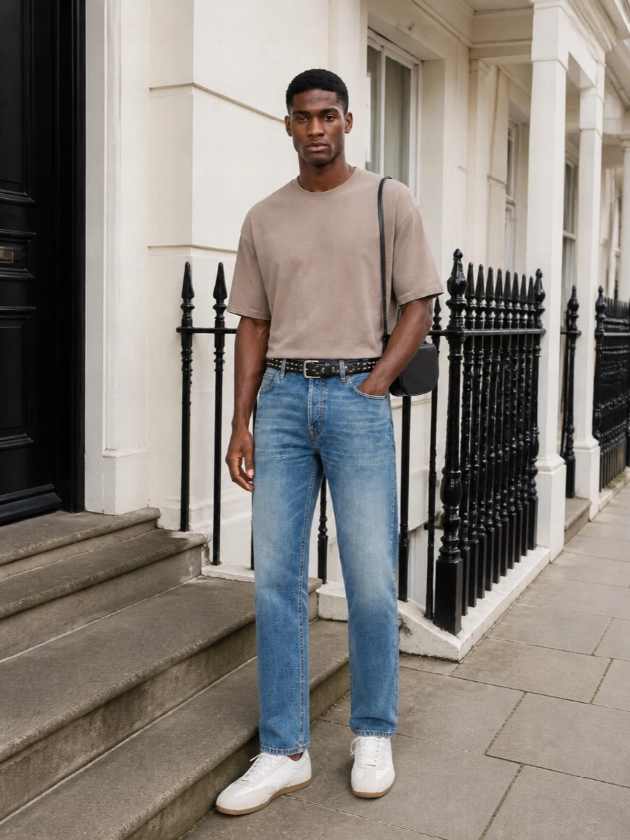 Haikure jeans taupe tee represent trainers