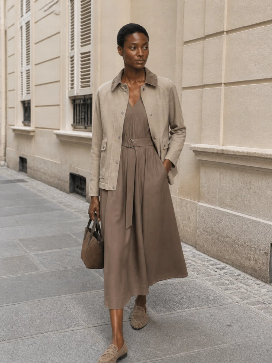 Brunello cucinelli utility jacket taupe midi dress