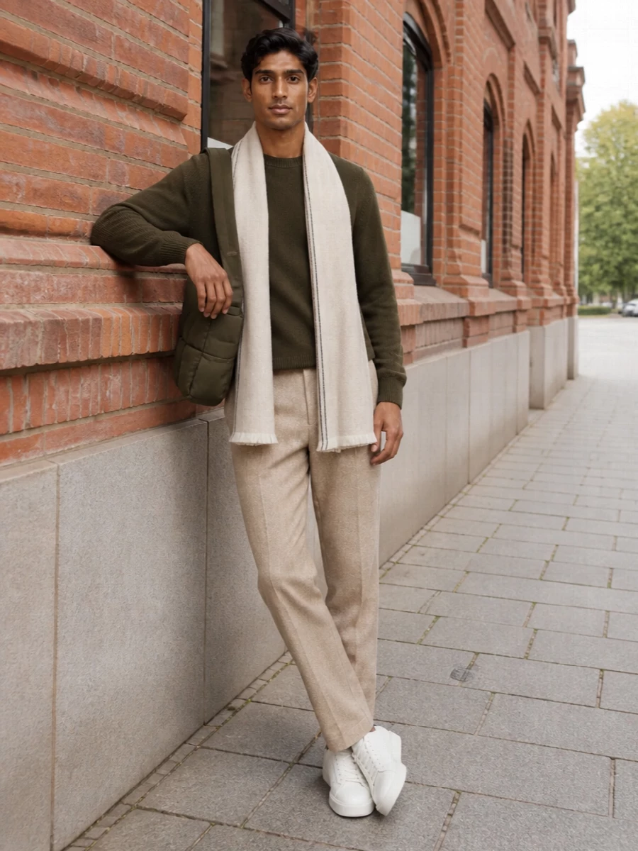 Dark olive knit and camel herringbone trouser create a grounded, quietly polished combination that feels relaxed yet intentional. Clean white sneakers keep the mood modern and unfussy, while the deep-olive padded bag and soft cream scarf tie the neutrals together with a subtle, directional edge. It is an easy city uniform when you want refinement without formality.