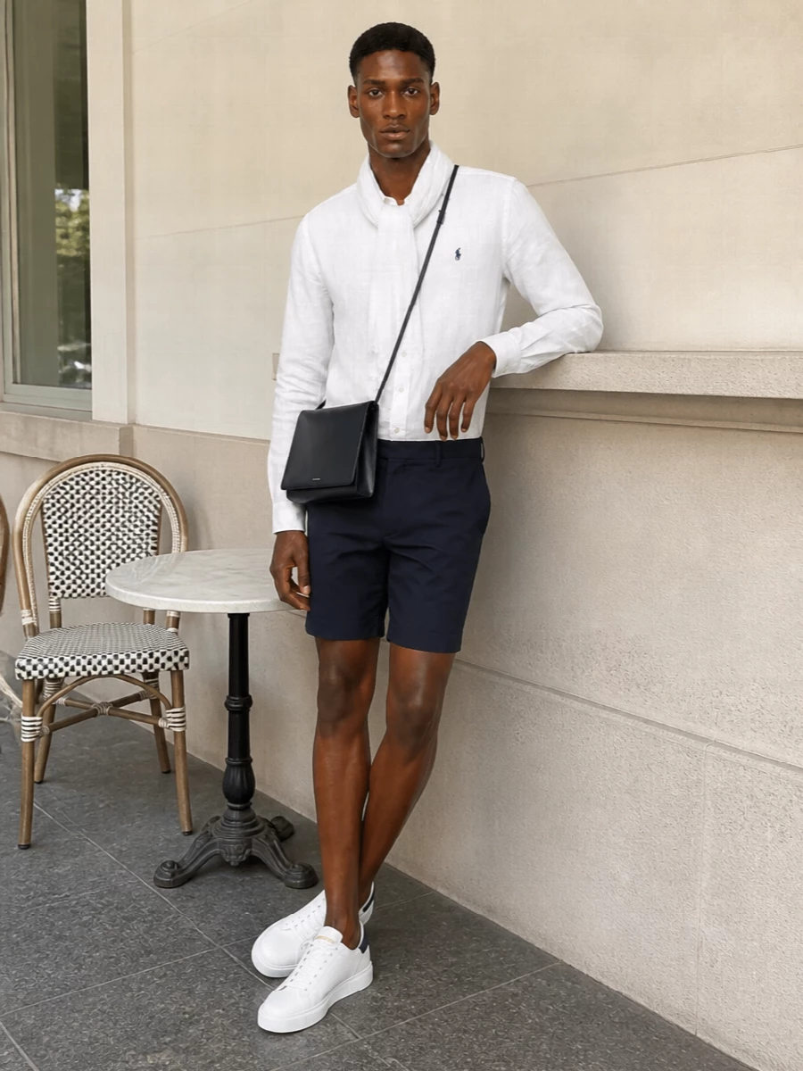 Soft white linen and sharp navy sit in that sweet spot between coastal and city, giving you a clean, preppy outfit that still feels relaxed. The tailored shorts and court sneakers keep the proportions crisp, while the slim navy bag and pale scarf add just enough refinement for terrace lunches, galleries or low‑key dinners by the water.