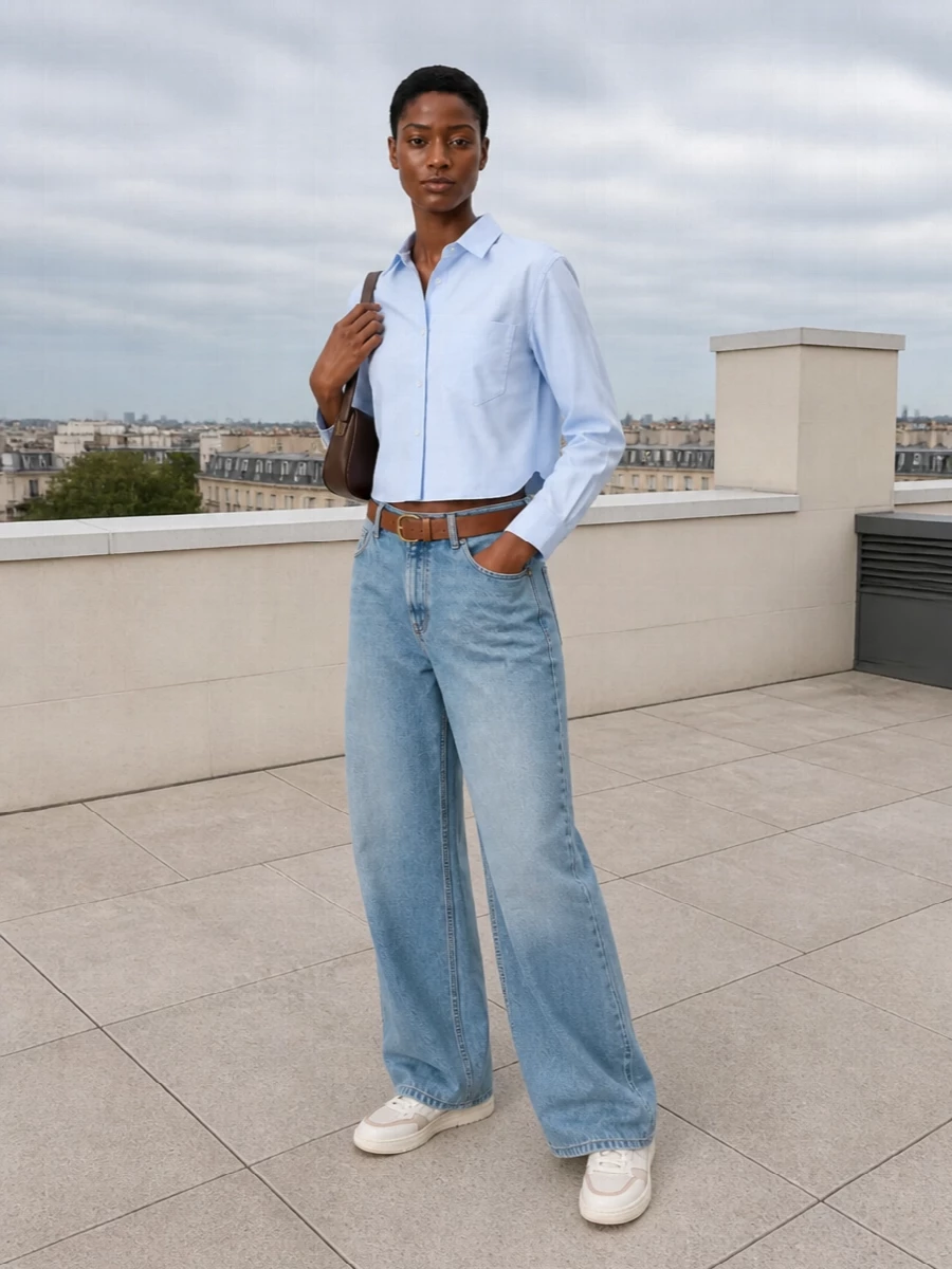 Ami paris wide leg jeans cropped shirt sneakers