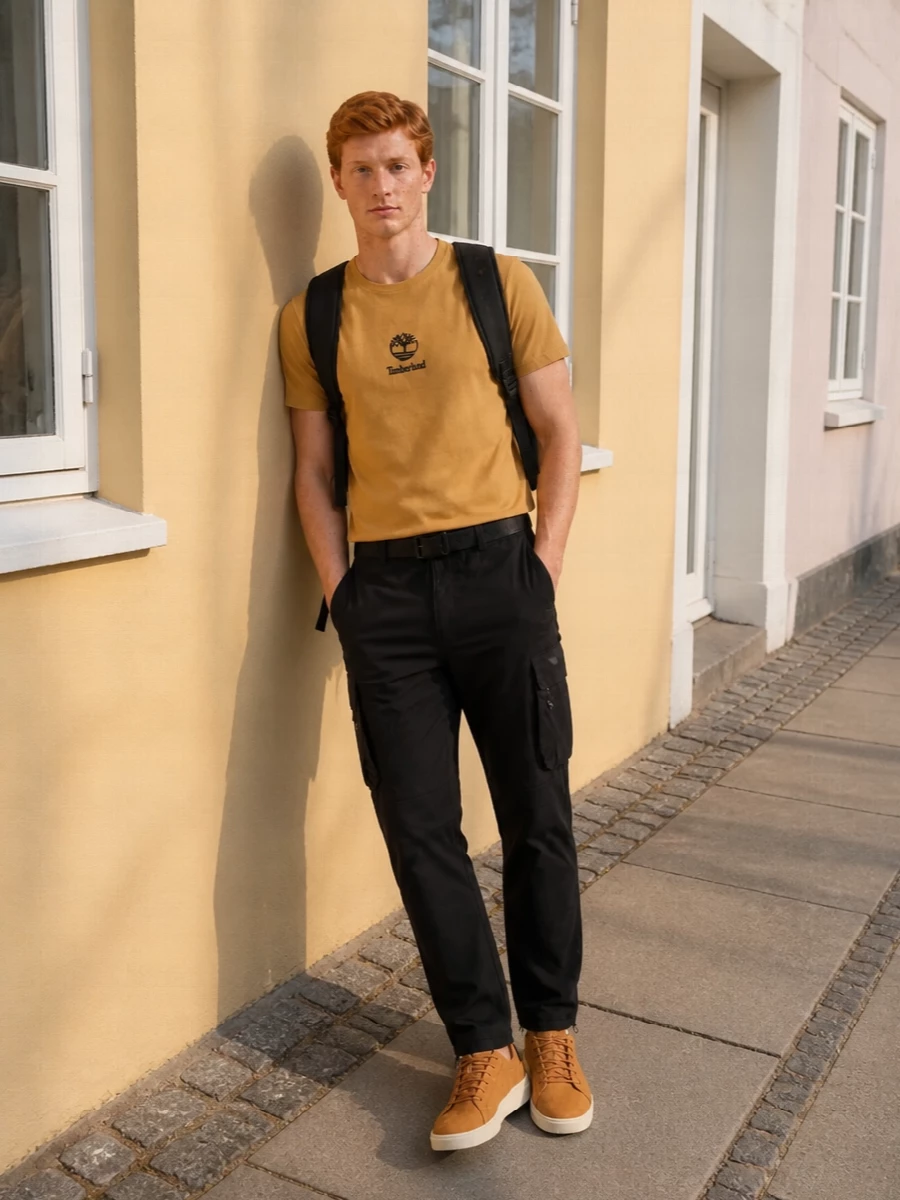 Timberland mustard tee black cargos wheat sneakers