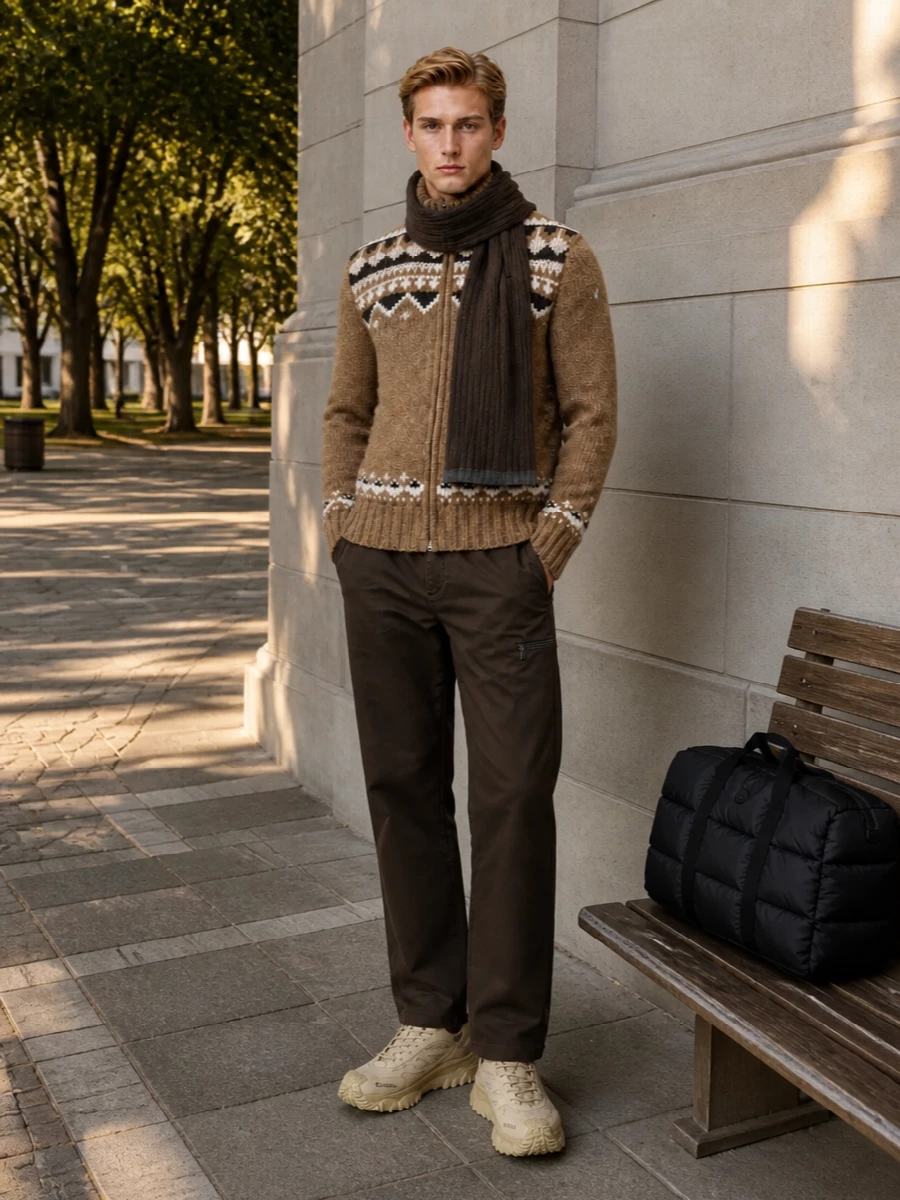 Moncler cardigan brown trousers trail sneakers