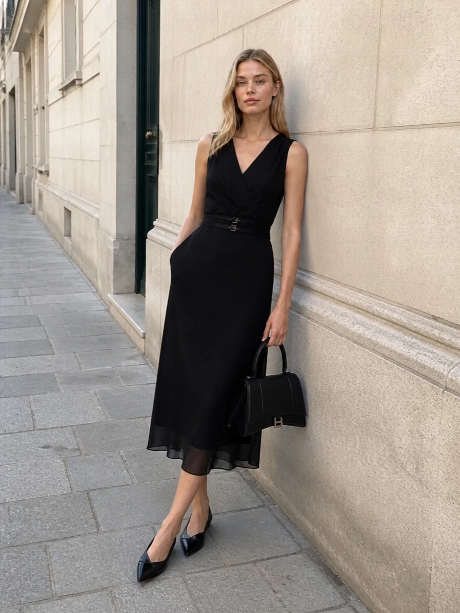 Prada black sheer midi dress kitten heels outfit