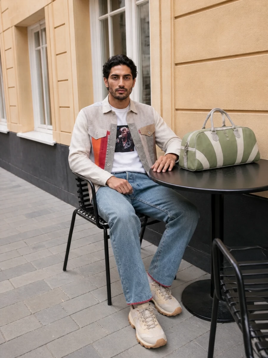 Junya patchwork jacket with denim and sneakers