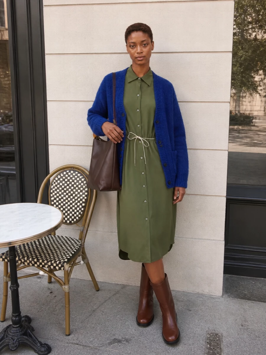 Dries van noten cobalt cardigan olive shirt dress