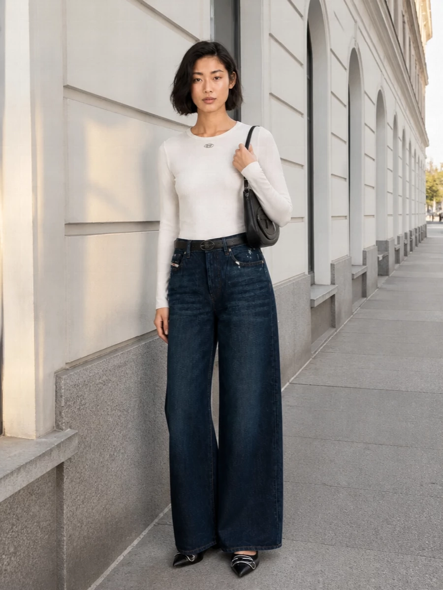 Diesel wide leg jeans white top black flats