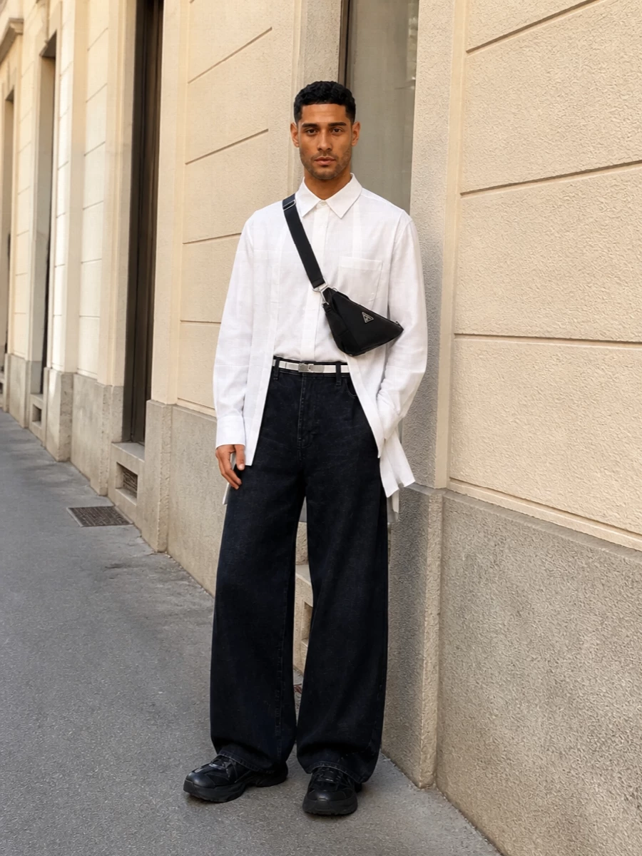Sacai wide leg jeans long white shirt sneakers