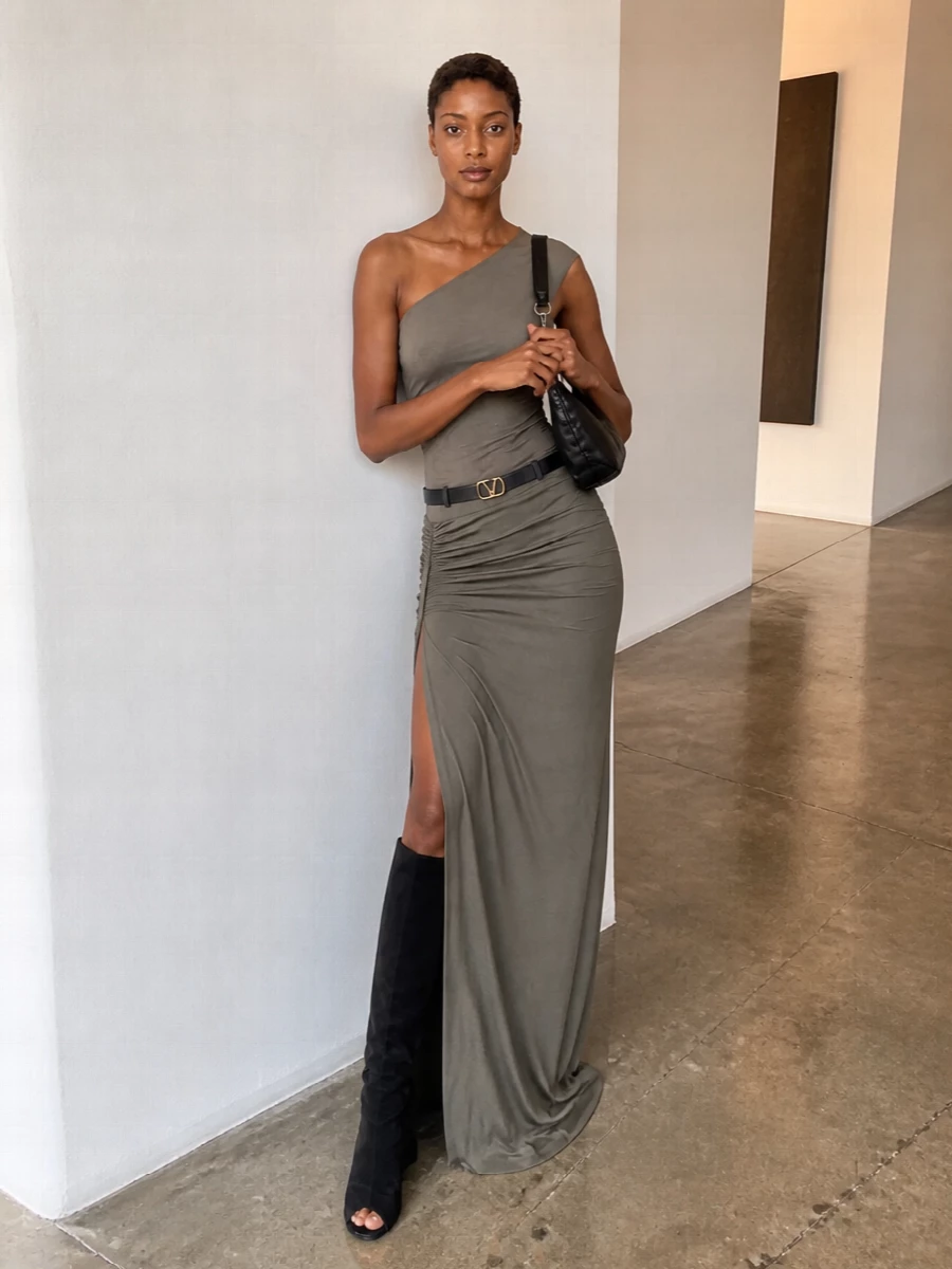 Rick owens ruched maxi skirt sculptural boots outfit