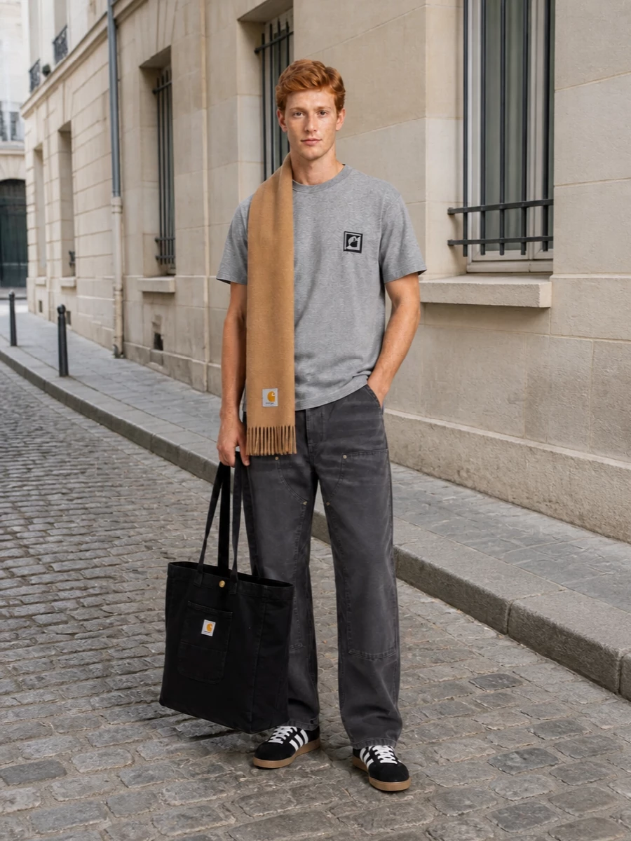 Heather grey on top and washed charcoal below keeps the palette tight and easy, all Carhartt and all rooted in clean workwear. The relaxed straight leg and classic suede sneakers lean into skate energy without going baggy, while the oversized tote and soft scarf add practical, city ready detail. It is a simple, grounded street uniform that feels considered but never fussy.
