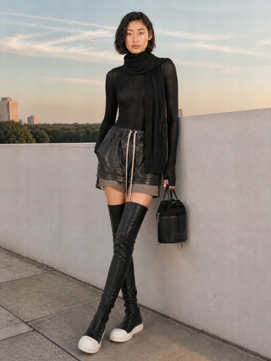 Rick owens mini skirt over the knee boots outfit