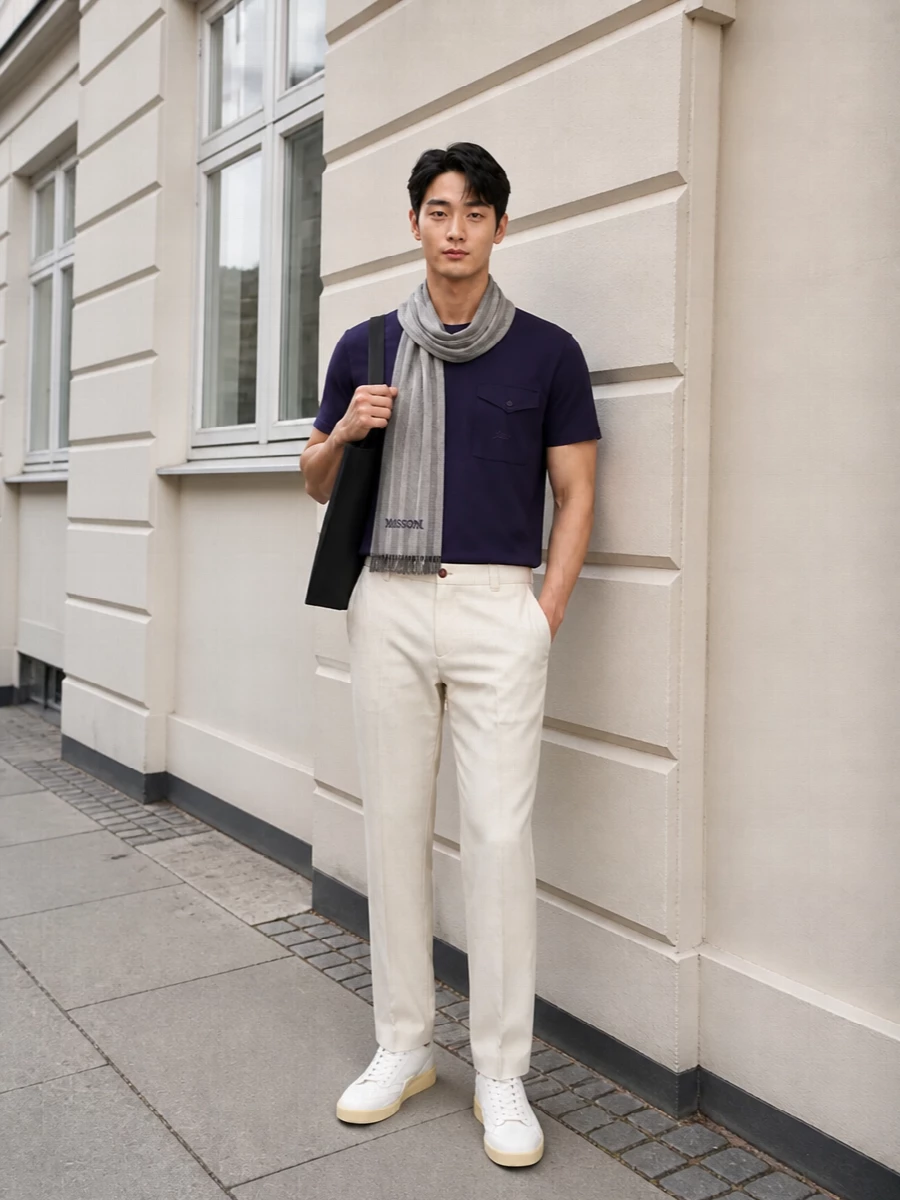 Herno navy tee etro cream trousers outfit