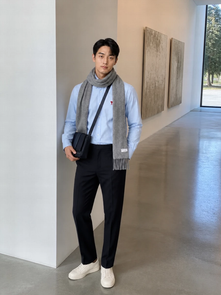 Ami paris blue shirt navy trousers outfit