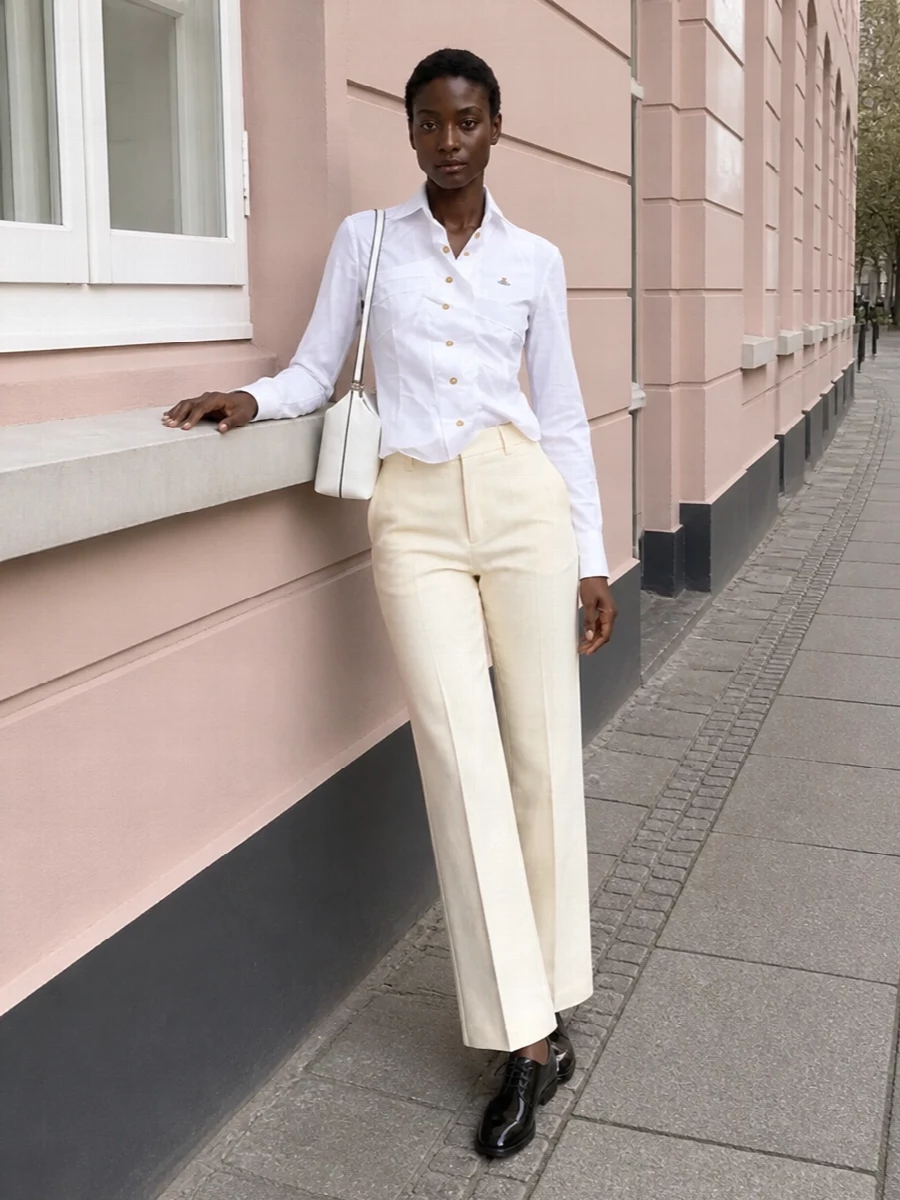 Vivienne Westwood’s sculpted white shirt sits neatly over the high-waisted buttercream trouser, creating a long, precise column in soft neutrals. Black patent oxfords and a structured white shoulder bag sharpen the palette, keeping the mood tailored, modern and quietly assertive for client-facing days or dinner reservations.