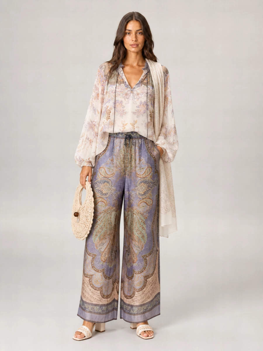 Zimmermann Silk Printed Mid-Rise Wide-Leg Relaxed Trousers
