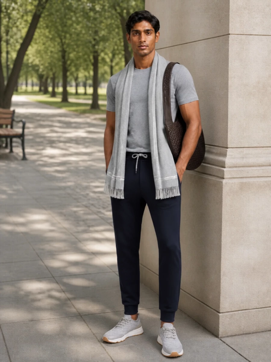 Brunello cucinelli grey tee navy joggers outfit