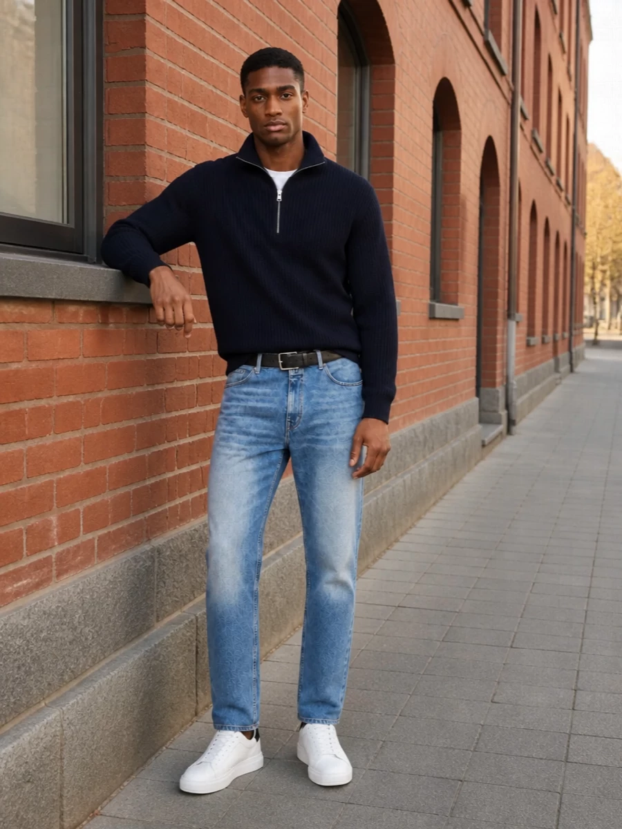 Closed jeans navy half zip white sneakers