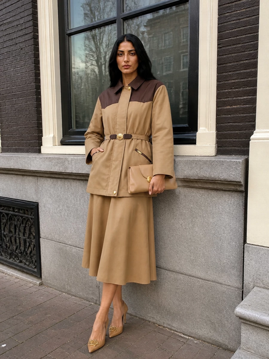 Versace camel parka burberry camel midi dress