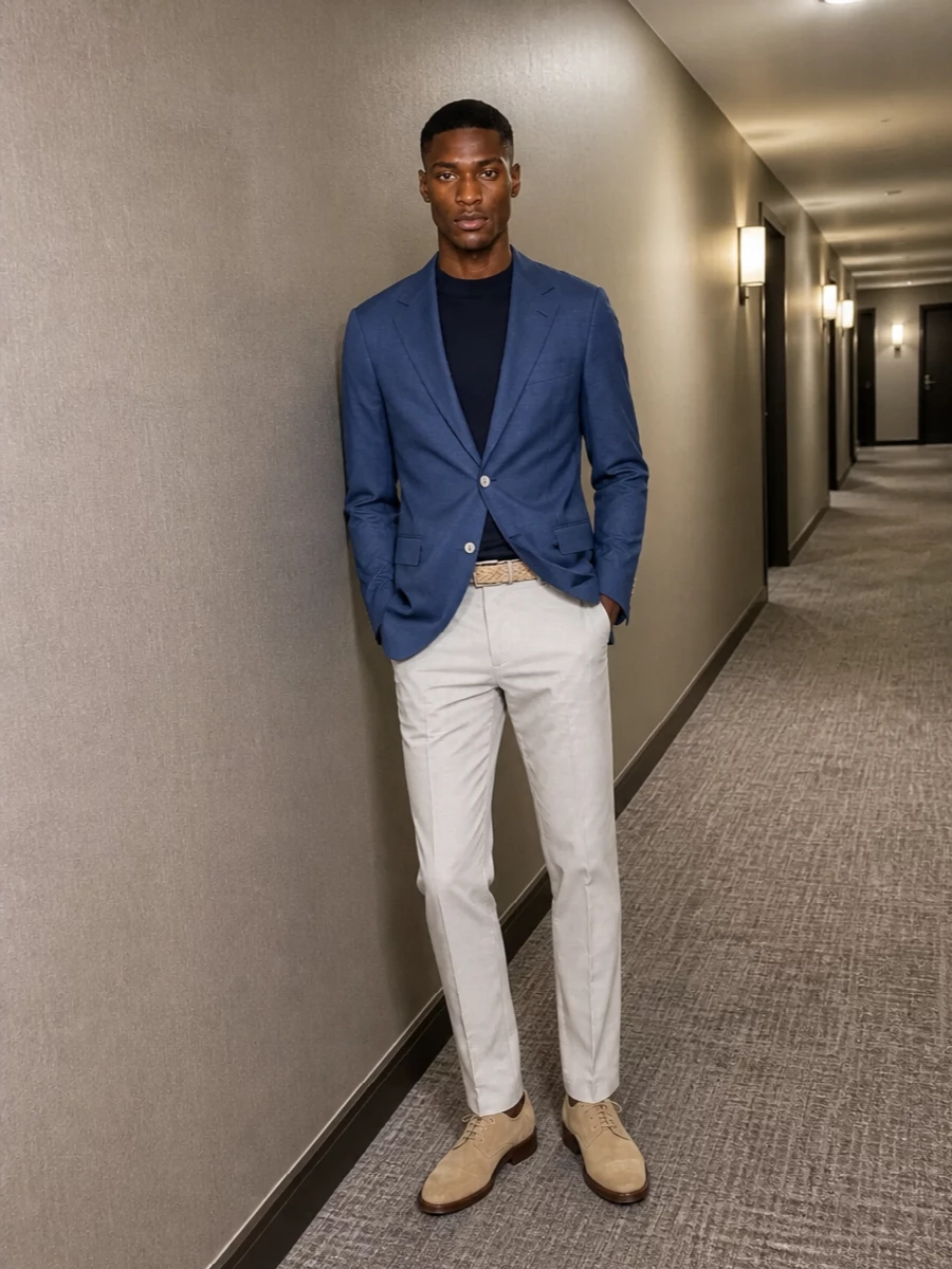 Brunello cucinelli blue blazer stone trouser outfit