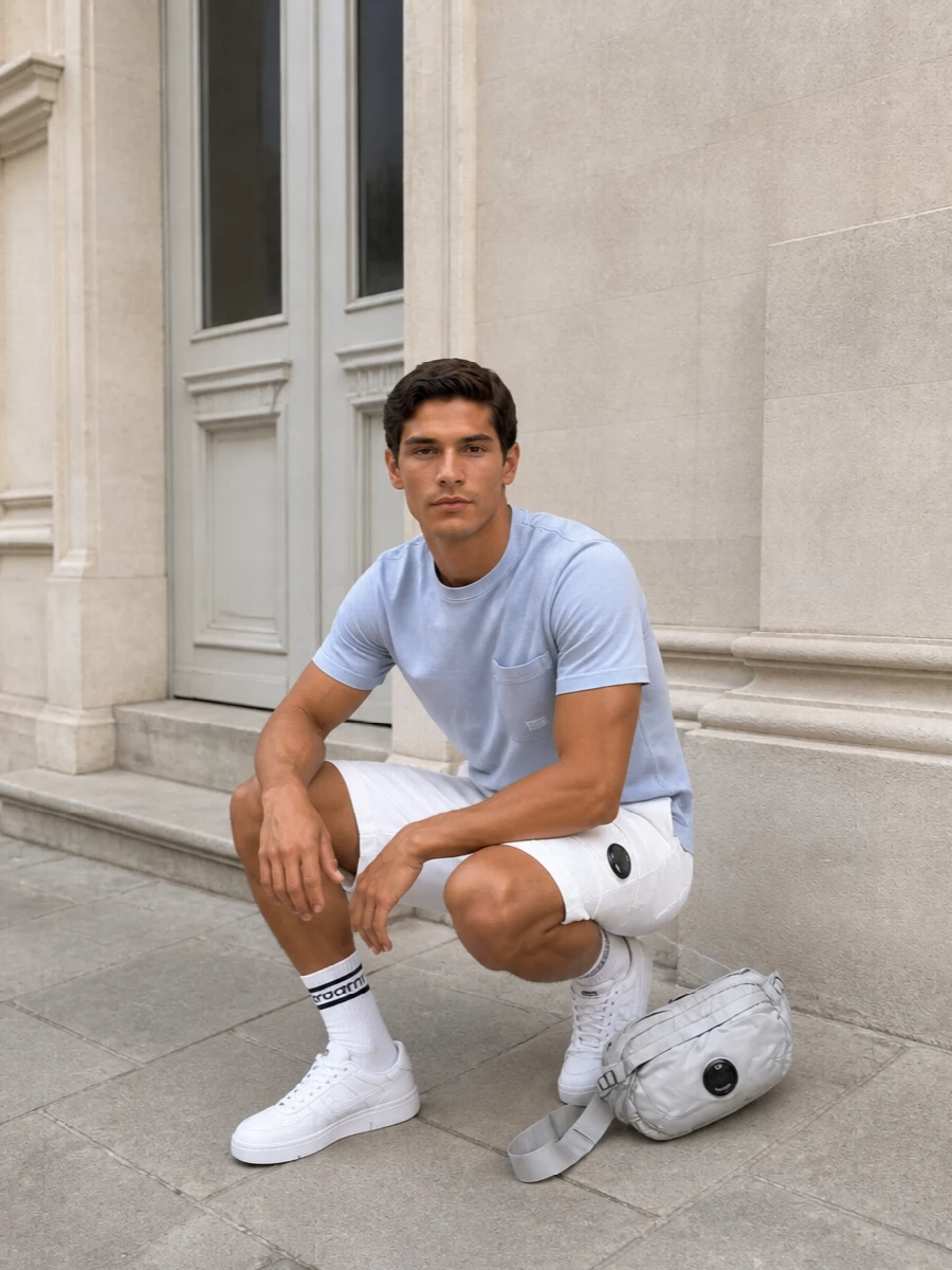 Cool-toned and clean, this pairing leans into C.P. Company’s technical edge with optic white cargos playing off the pale blue-grey tee. Streamlined white and grey sneakers and a light grey lens crossbody keep everything in the same soft, urban spectrum. Subtle striped socks add just enough sport detail while letting the engineered minimalism stay in focus.