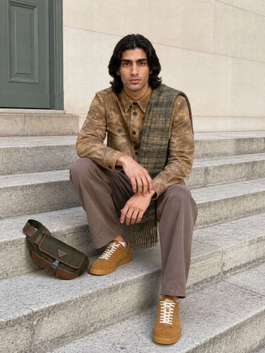 Earthy camel and taupe tones keep this outfit grounded while the tie-dye shirt and relaxed trouser bring a softly Western, boho ease. The suede sneakers and belt bag hold it firmly in the streetwear space, practical enough for all-day city wear without losing that slightly offbeat Marant attitude.