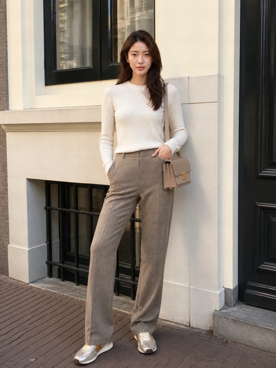 Golden goose metallic sneakers taupe trousers outfit