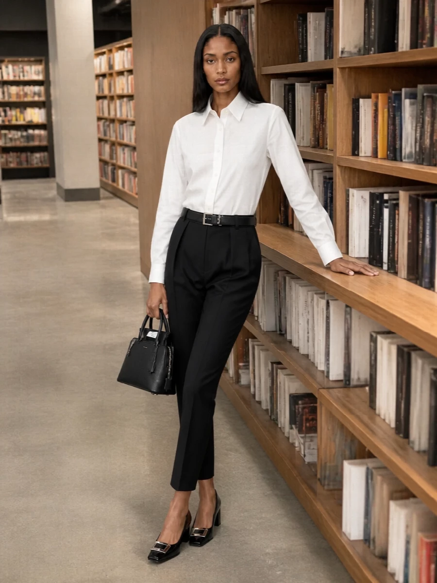 This is a pure, tailored Saint Laurent belt moment, framed by a crisp McQueen shirt, sharp Magda Butrym trousers and patent Roger Vivier pumps for boardroom-to-dinner polish. Choosing the top-and-bottom path keeps the waist cleanly defined and lets the belt function as a single, precise line rather than competing with dress volume. The Margiela bag finishes it with a subtle, intellectual edge that still reads unequivocally luxurious.