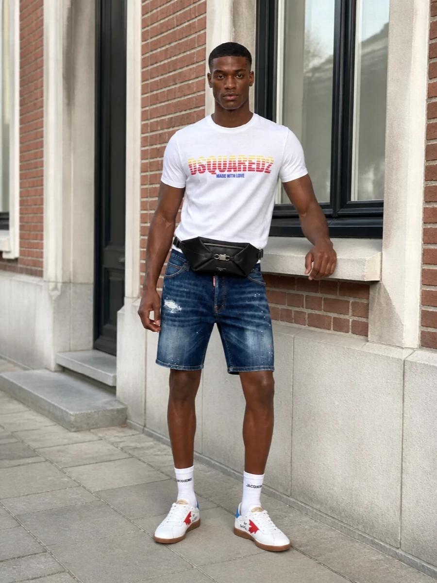 Dsquared2 denim shorts white logo tee outfit