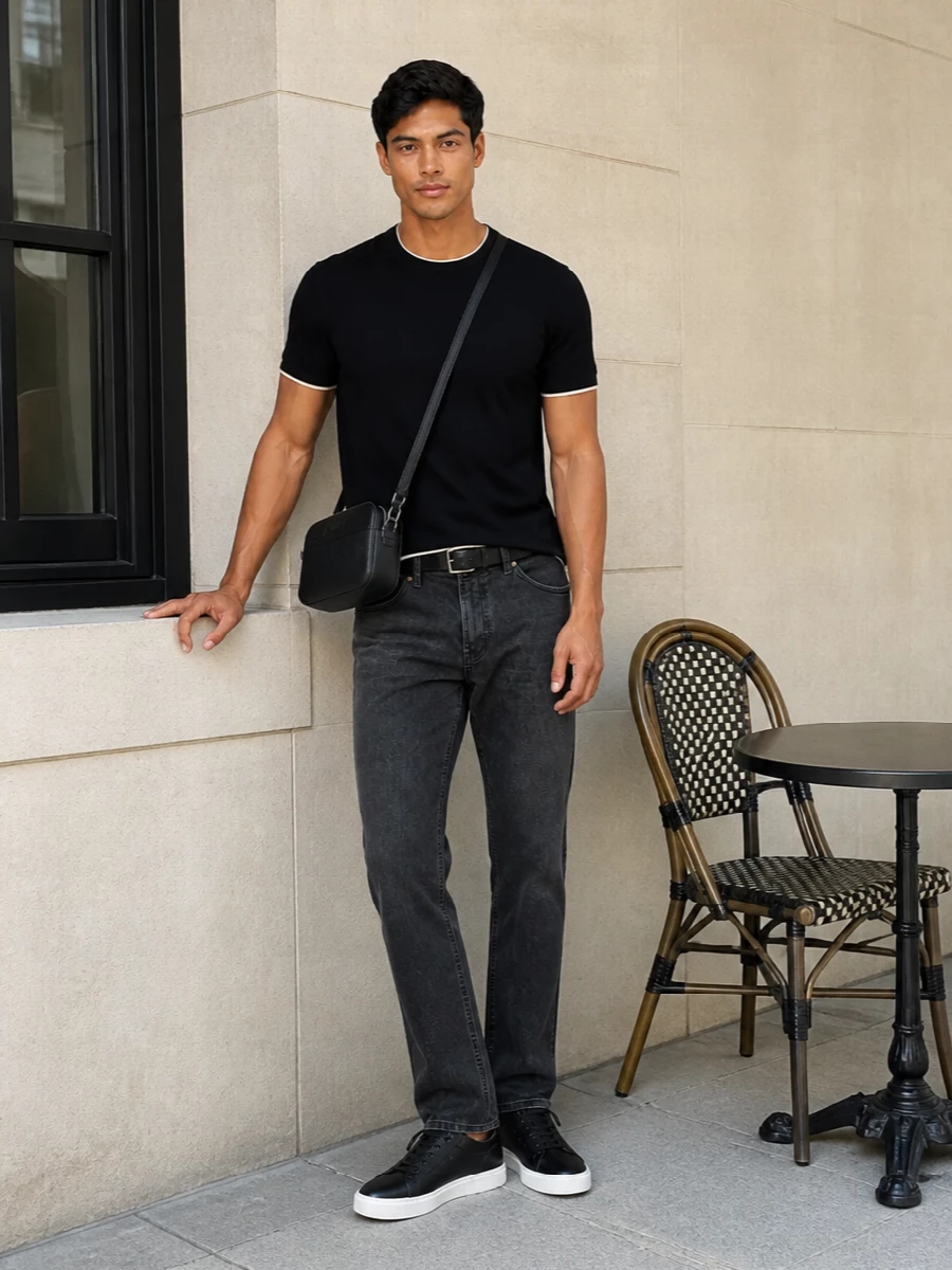 Emporio armani black tee charcoal trousers outfit