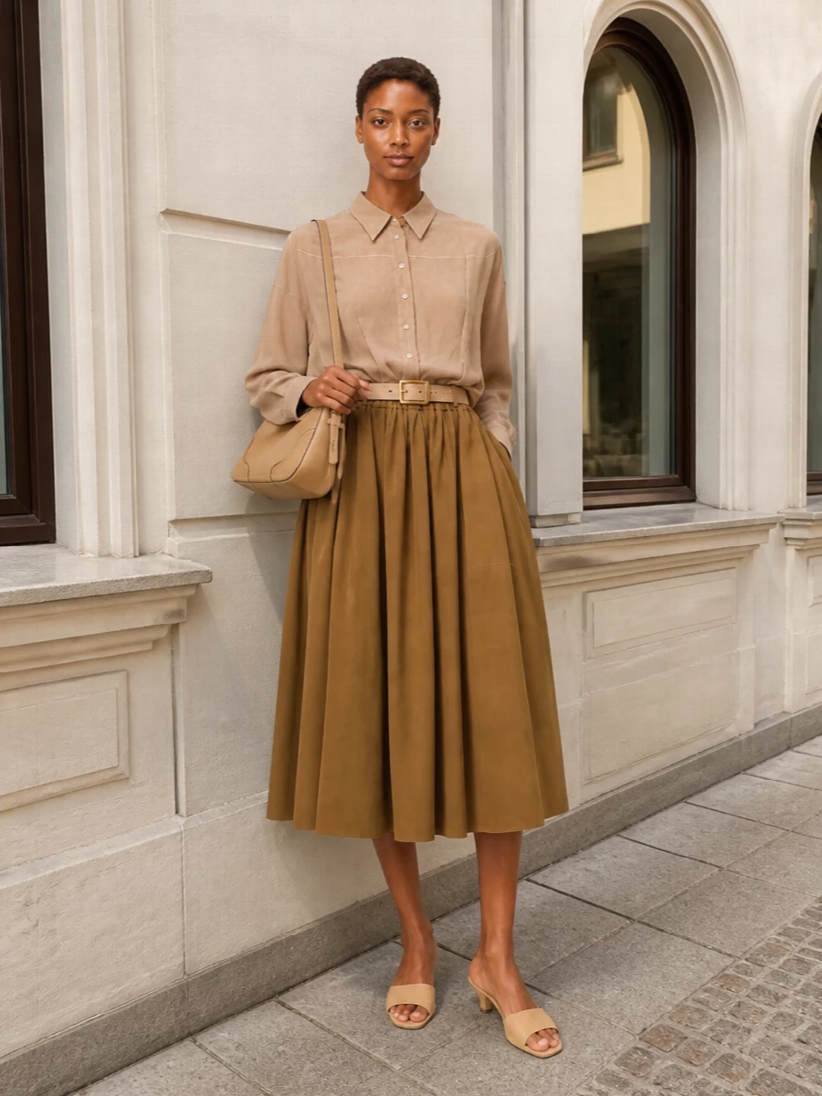Brunello cucinelli camel skirt prada bag outfit