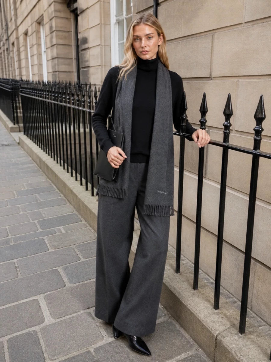 Haikure turtleneck herno wide leg trousers outfit