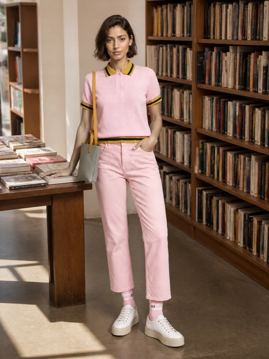 A soft-pink column of Marni knit and blush trouser keeps the mood relaxed yet intentional, with the contrast tipping and clean straight leg giving it a sporty, preppy edge. Sculptural white sneakers and a compact grey-and-mustard tote quietly echo the knit’s accents, so the palette feels designed rather than matchy. The result is an easy city uniform for warm days that still reads considered from brunch to gallery rounds.