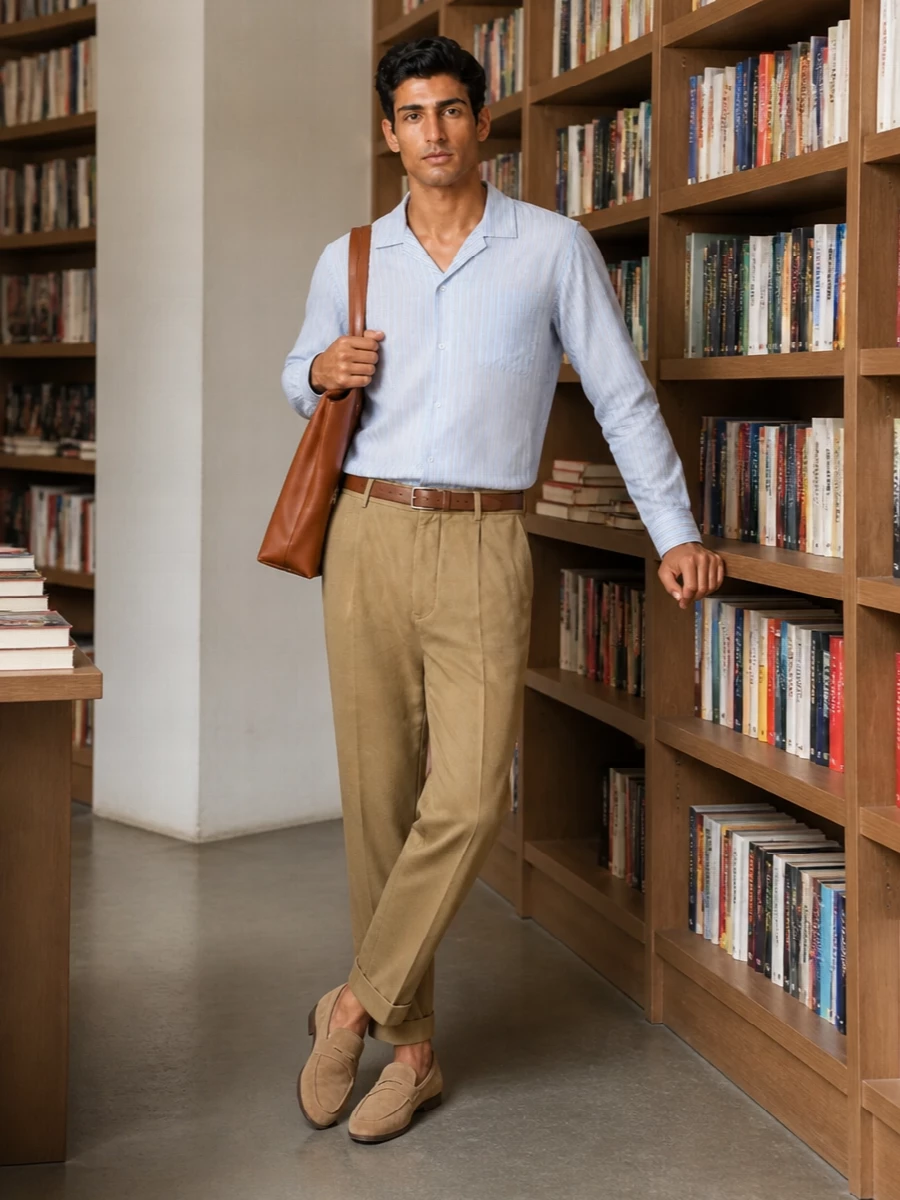 Dries van noten shirt camel chinos tods loafers
