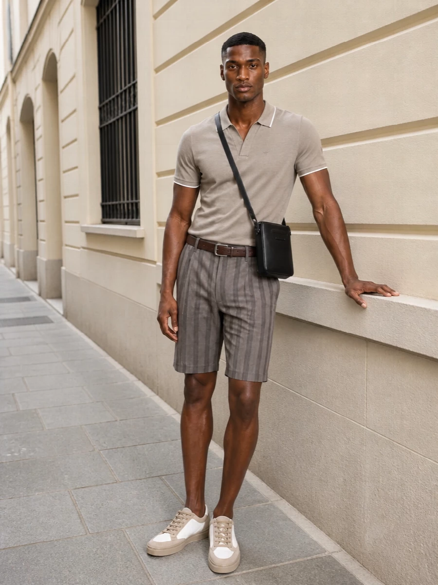 Neutral stripes and soft taupe keep this Armani pairing clean and relaxed, ideal for warm city days when you still want a sense of structure. The terry-look polo leans casual while the tailored short and leather details keep it considered, and the cream-and-sand sneaker finishes everything with a calm, modern edge.