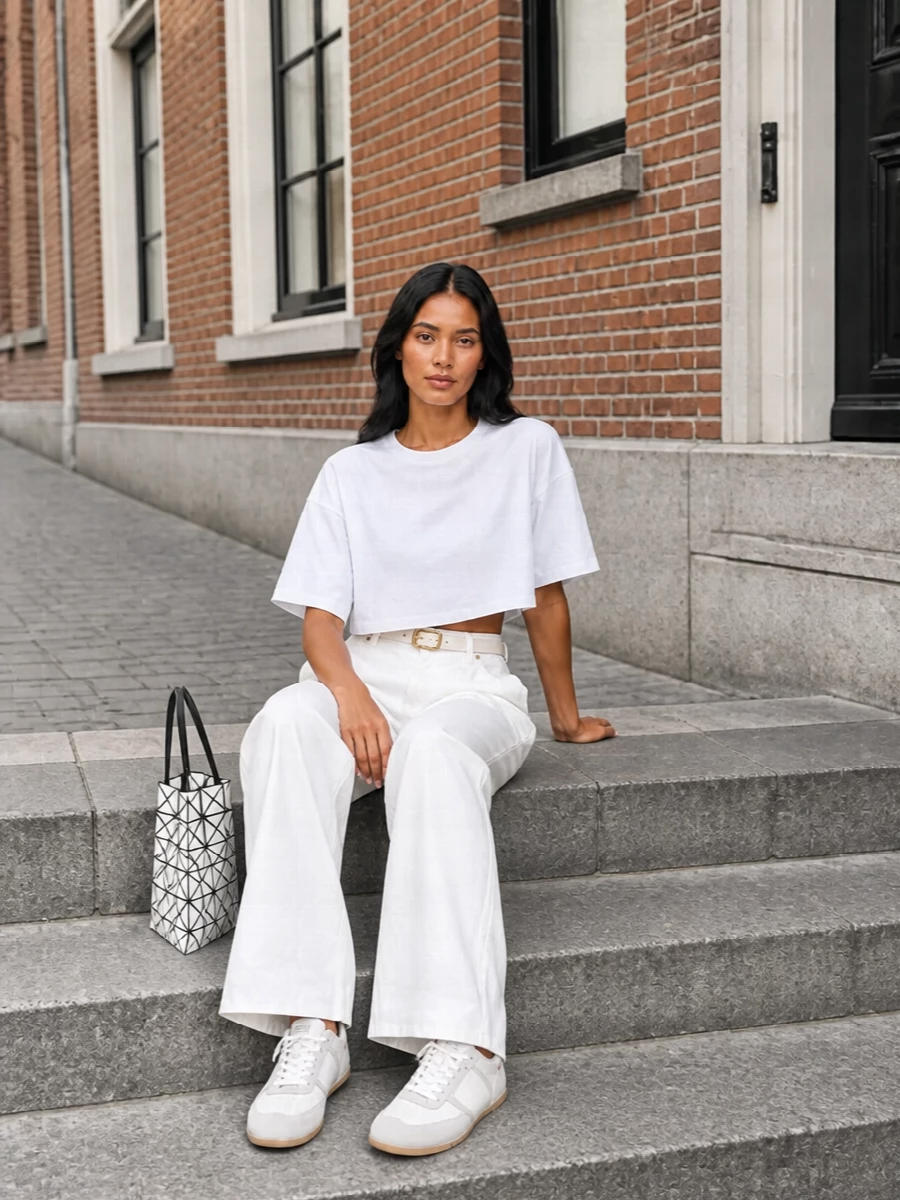 Darkpark wide leg trousers cropped tee outfit