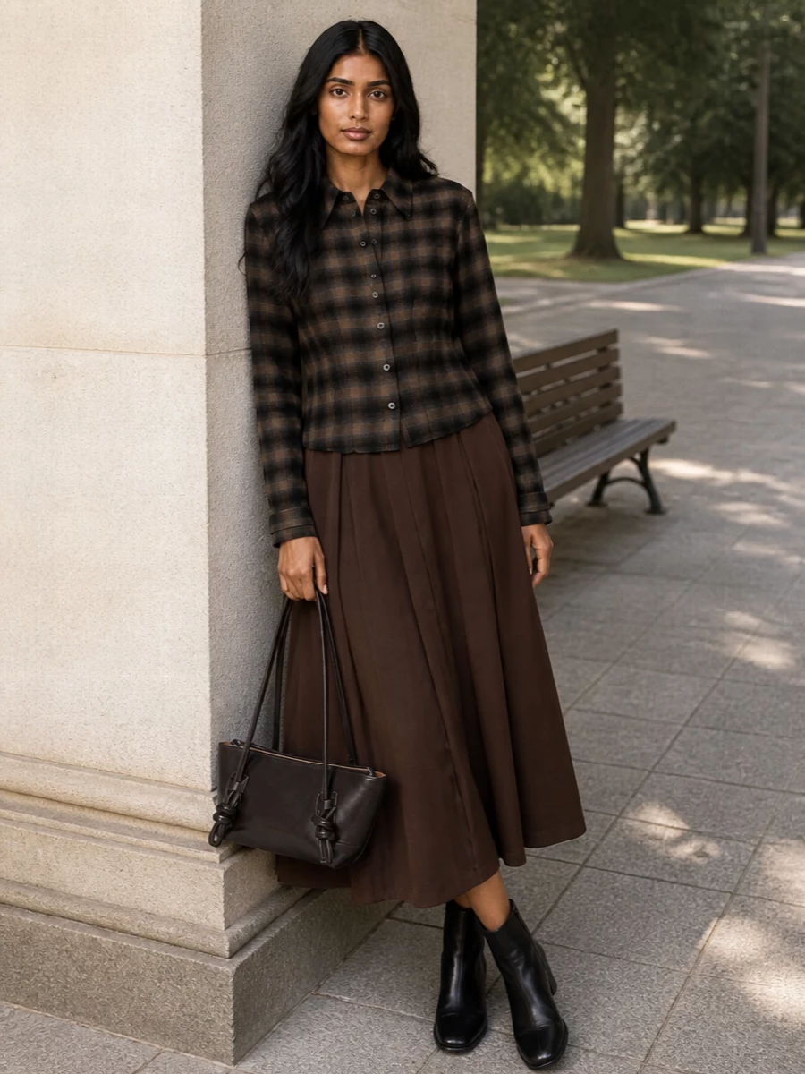 Our legacy plaid jacket brown midi shirt dress