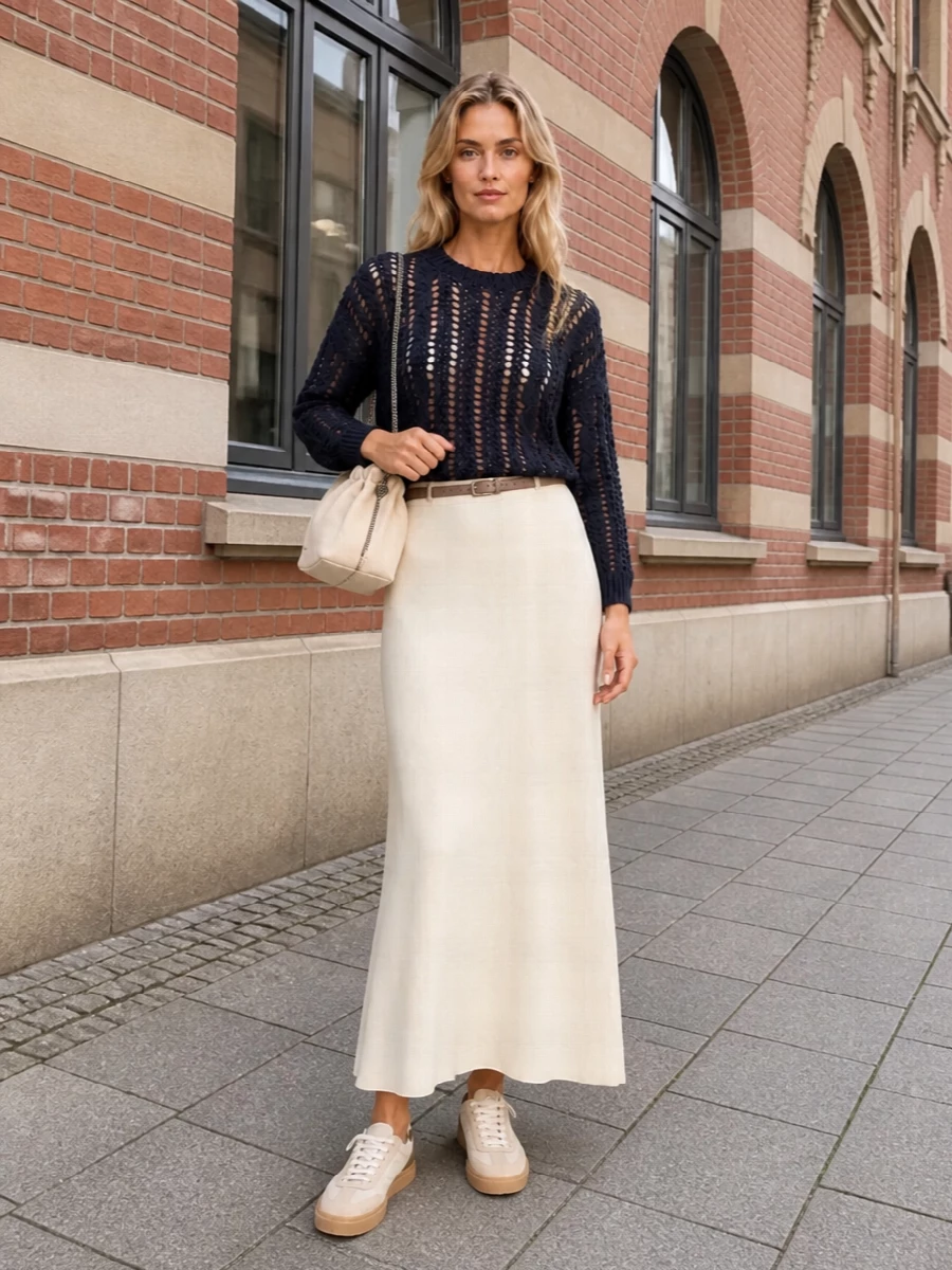 Brunello cucinelli navy sweater ivory skirt outfit