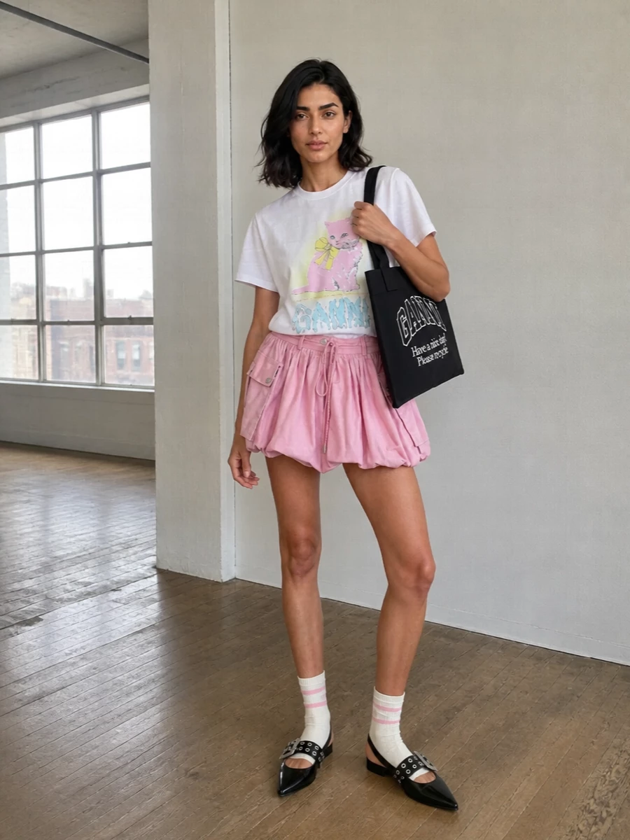 Cute but not cutesy, this outfit leans into Ganni’s playful side with a pastel graphic tee and soft pink utility mini that feel straight out of a 2000s city weekend. Black pointed slingbacks keep it grounded and a structured logo tote adds a graphic punch, so the pastels stay fun rather than saccharine. Varsity-striped socks finish it with a subtle, sporty wink you only notice up close.