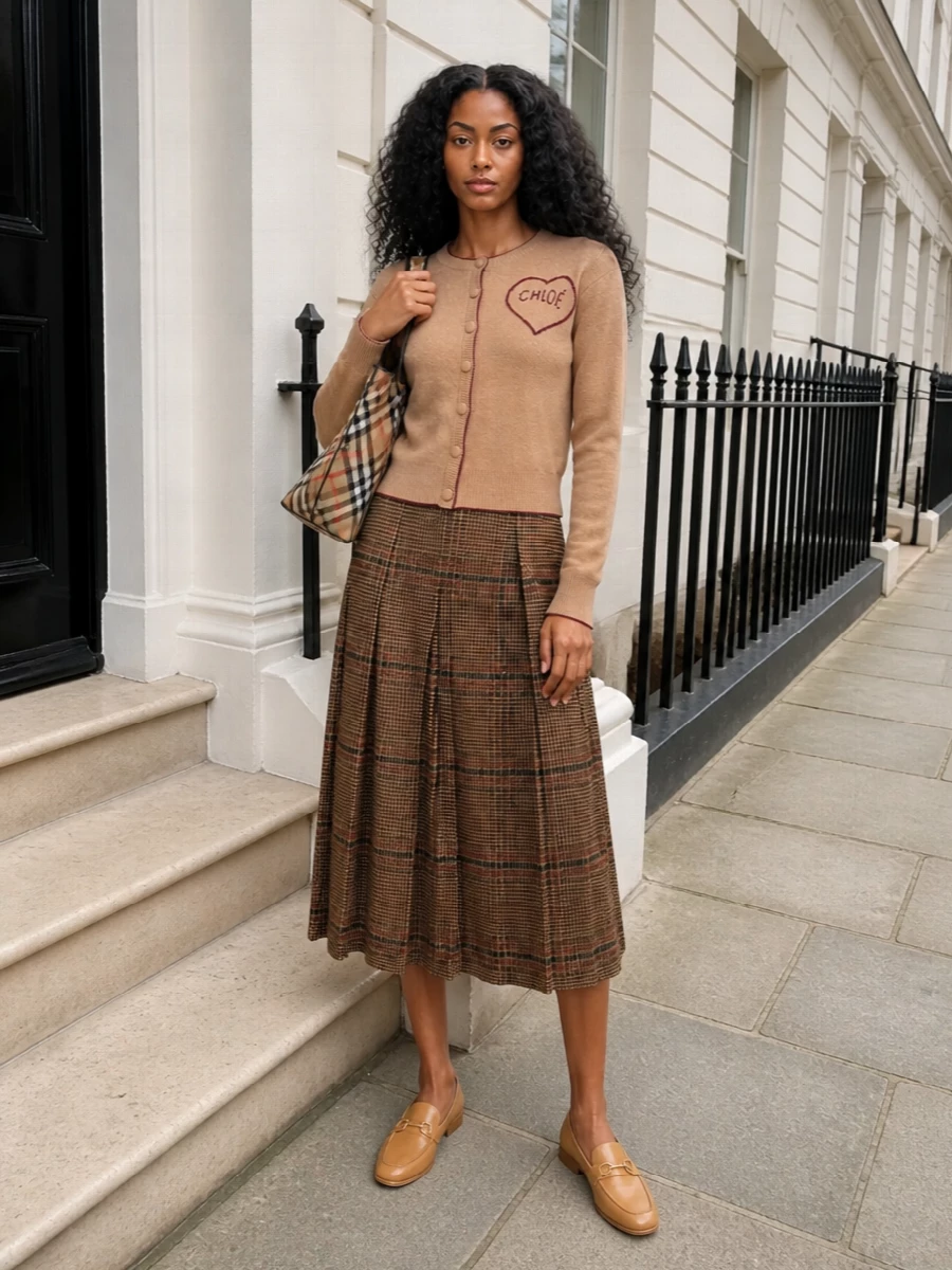 I am building around separates rather than a dress so the Burberry tote can play into a true preppy, campus-inspired mix of texture and check. The cropped Chloé cardigan and Saint Laurent pleated midi skirt pick up the tote’s camel and dark accents, giving a coordinated yet quietly graphic take on heritage pattern. Ferragamo loafers finish it with a classic collegiate note that feels refined enough for the office but relaxed for weekend city plans.