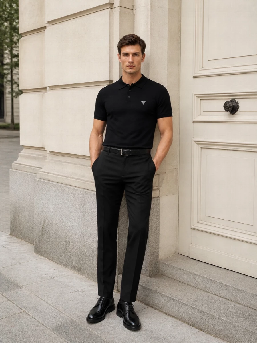 Prada black knit polo tailored trouser outfit