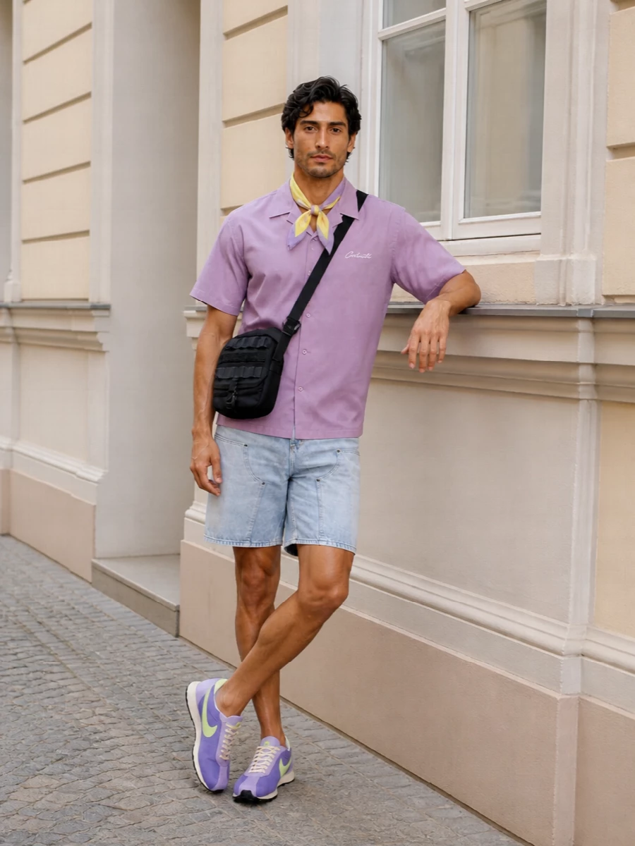 Carhartt camp shirt light denim shorts outfit