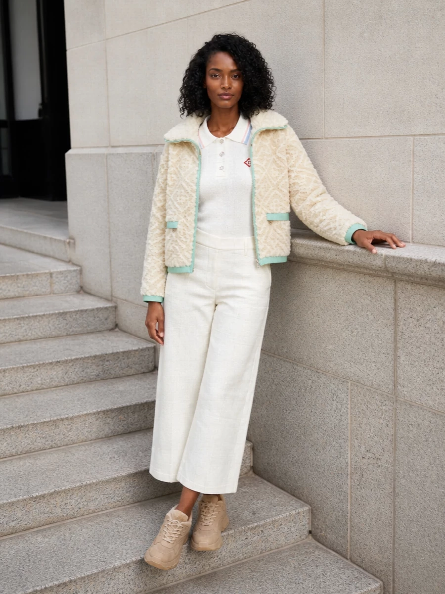 Casablanca shearling jacket ivory wide leg pants
