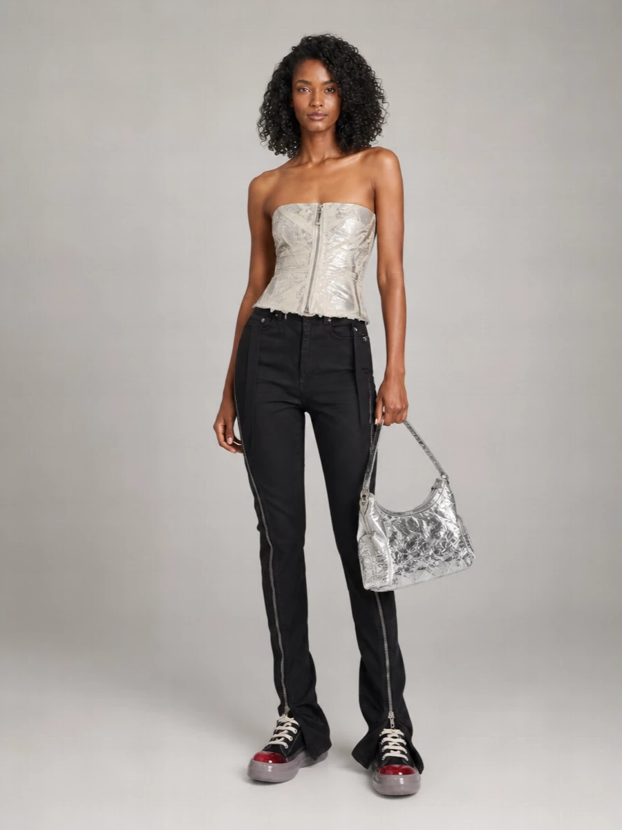 Rick Owens Drkshdw Sleeved Top With Strap Detail And Metallic Finish
