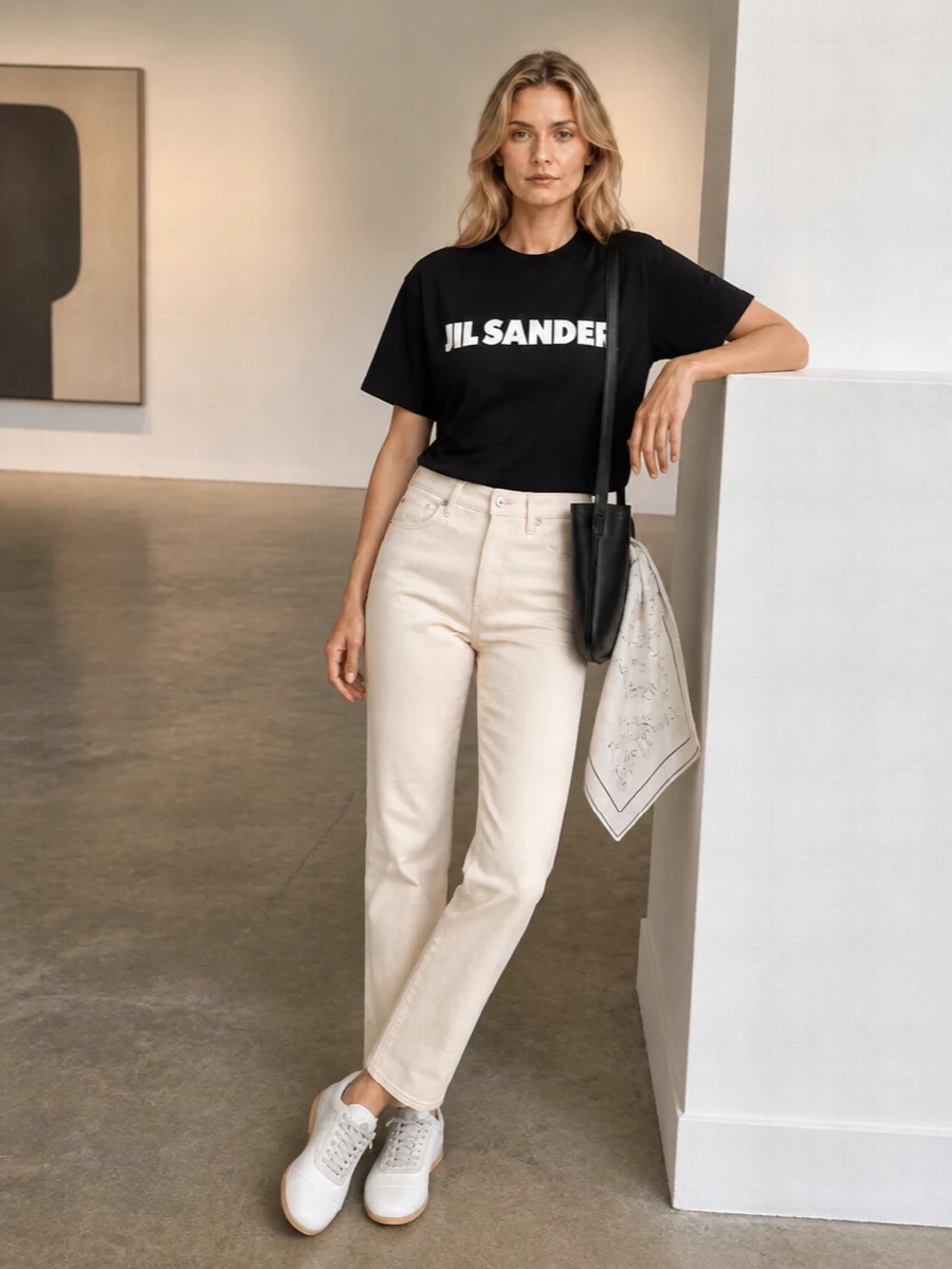 A crisp black logo tee sits against ivory straight-leg trousers for a graphic, gallery-ready take on casual dressing. White gum-sole sneakers keep it low-key and agile, while a slim black leather cross-body and sketchy square scarf bring just enough structure and intellect to feel considered without losing ease.